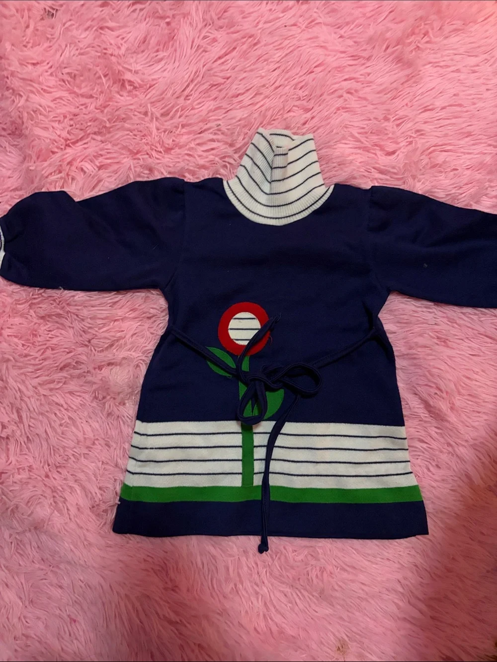 Kids Navy Blue Striped Turtleneck Tunic with Flower Appliqué